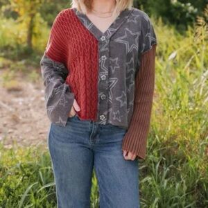 POL multi Fabric Raw Edge star print sweater button cardigan NEW